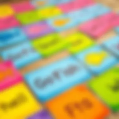 Colorful Go Fish sight word cards laid out on a table.