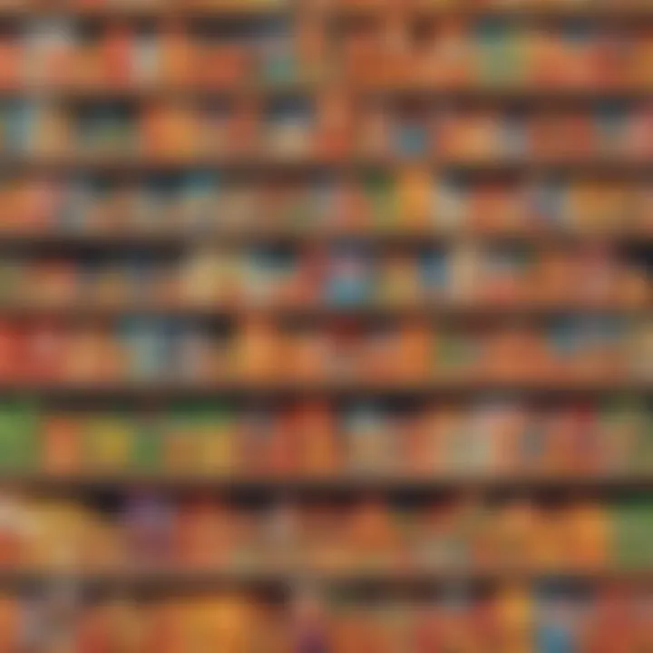 A colorful display of grocery items used in play activities