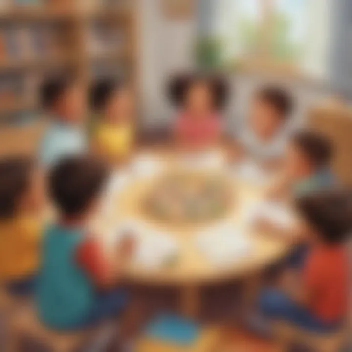 Illustration of a diverse group of preschoolers engaging in a language and literacy activity