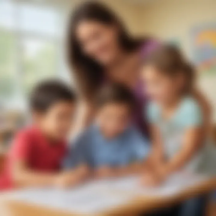 Parents assisting children with worksheets