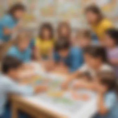 Children engaged in coloring a large poster together, showcasing collaboration