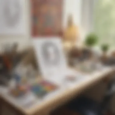 An organized workspace with art supplies and a large color by number poster ready for use