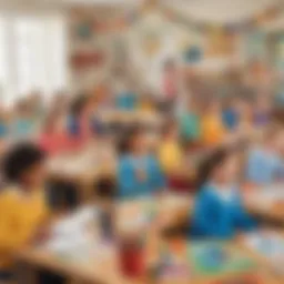 A vibrant classroom scene with children engaged in arts and crafts inspired by March events.