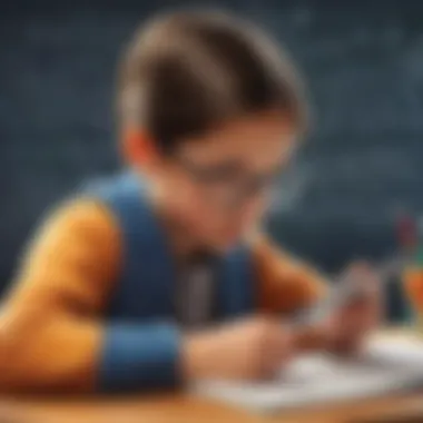 Illustration of a 1st grader solving math equations on a tablet