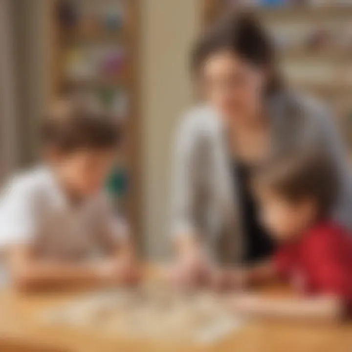 Educator guiding children in domino addition game