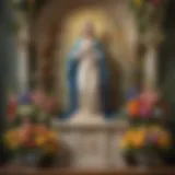 A serene altar adorned with flowers and a statue of Mary, symbolizing devotion and reverence.