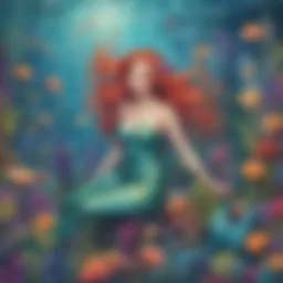 A vibrant mermaid surrounded by colorful underwater flora.