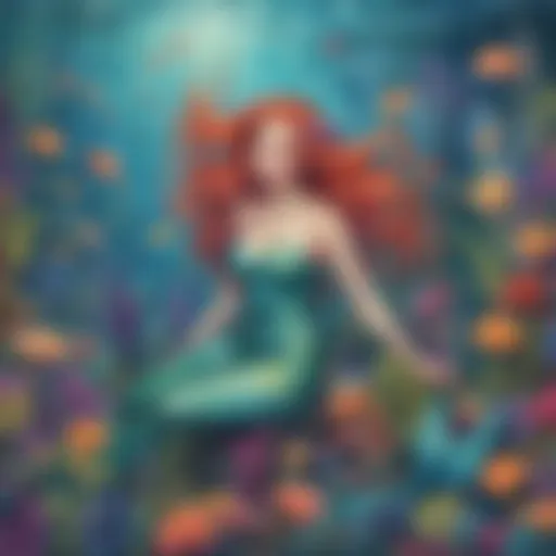 A vibrant mermaid surrounded by colorful underwater flora.