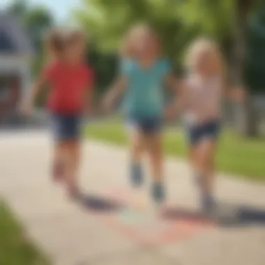 Kids laughing while playing a game of hopscotch