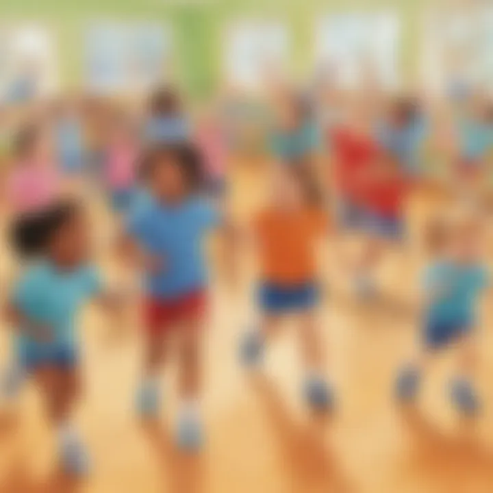 Kindergarten students participating in group physical activity