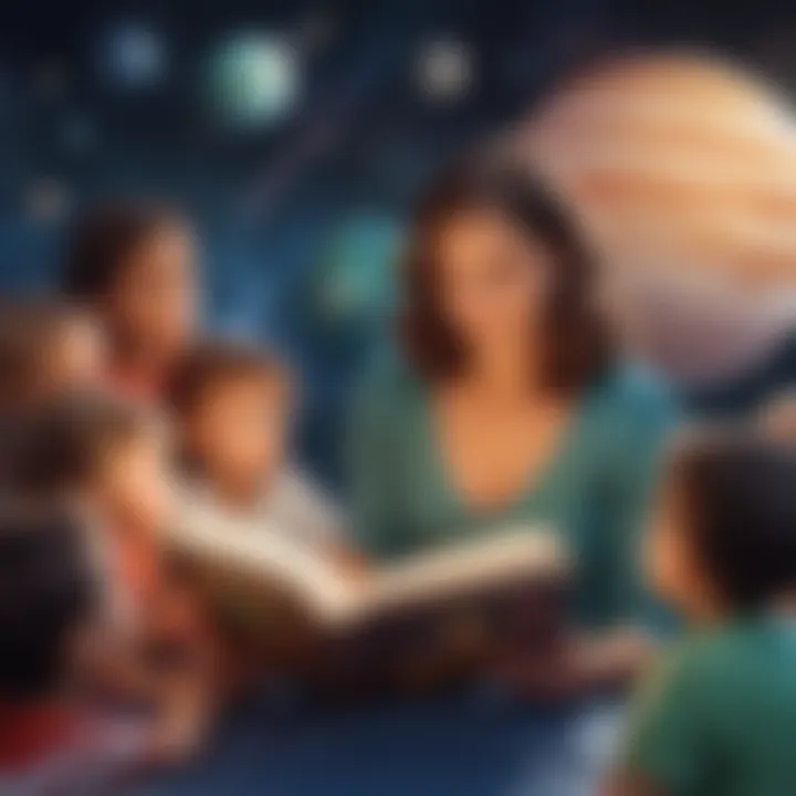 Illustration of a preschool teacher reading a storybook about planets to a captivated group of children