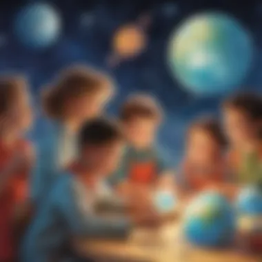 Illustration of a group of preschoolers engaging in a planet-themed craft activity