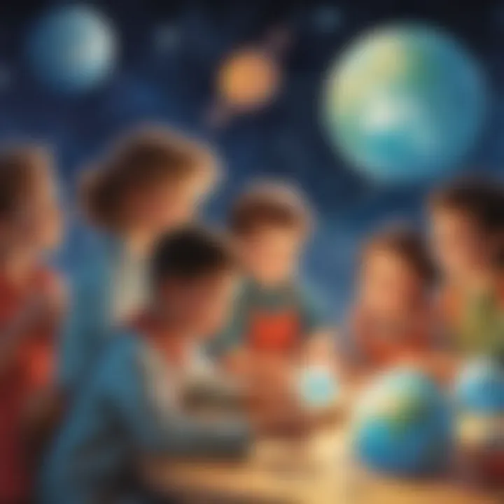 Illustration of a group of preschoolers engaging in a planet-themed craft activity