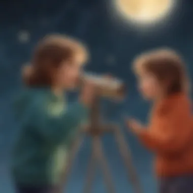 Illustration of preschoolers using a telescope to observe the night sky and planets