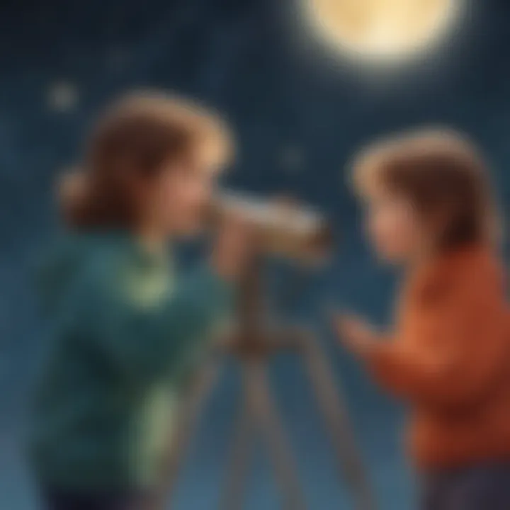 Illustration of preschoolers using a telescope to observe the night sky and planets