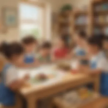 Illustration of kindergarten children creating handmade poetry-themed crafts