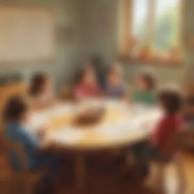 Illustration of kindergarten children reading and discussing poems in a cozy classroom setting