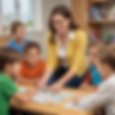 Teacher guiding a small group of children in phonics lesson