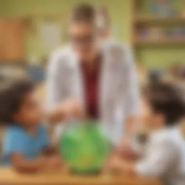 Illustration of a teacher guiding children through a science experiment