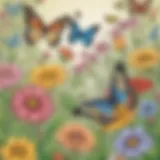 Creative spring-themed coloring page featuring flowers and butterflies