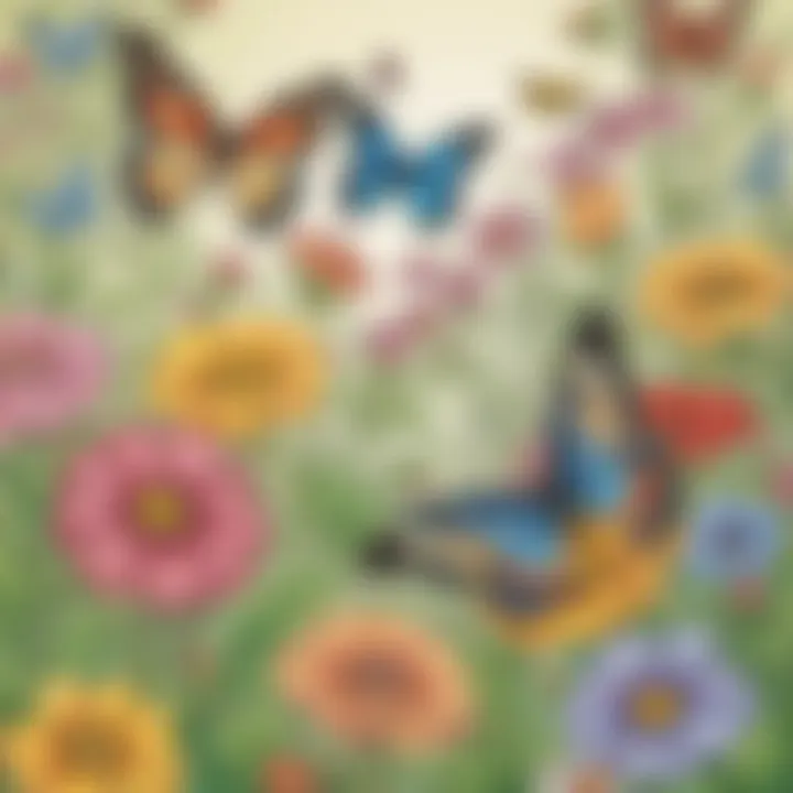Creative spring-themed coloring page featuring flowers and butterflies