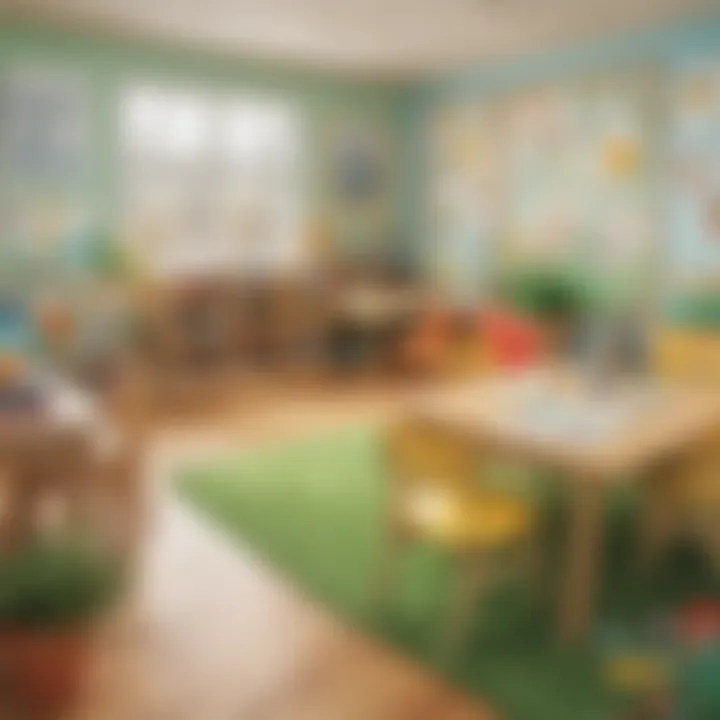Preschool classroom adorned with spring-themed art and coloring works