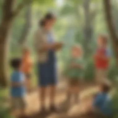 Preschool teacher guiding children in nature exploration