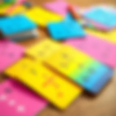 A close-up of vibrant addition flashcards laid out on a table