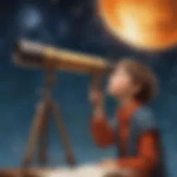 Illustration depicting a child with a telescope gazing at the stars