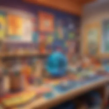 Colorful display of art and science materials in a preschool setting