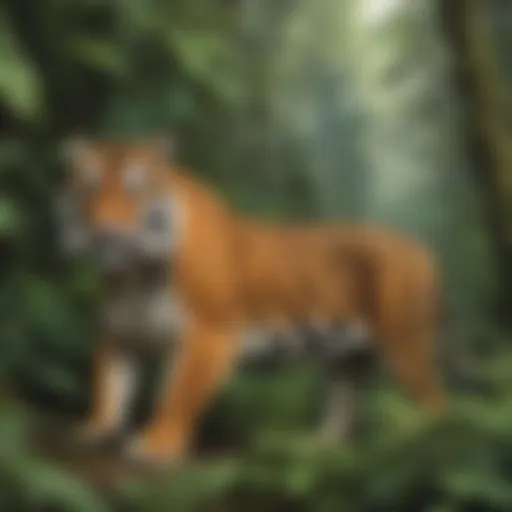 A majestic Sumatra tiger prowling through dense rainforest foliage.