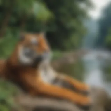 Behavioral Traits of the Sumatra Tiger A Sumatra tiger resting near a river, highlighting its behavior.