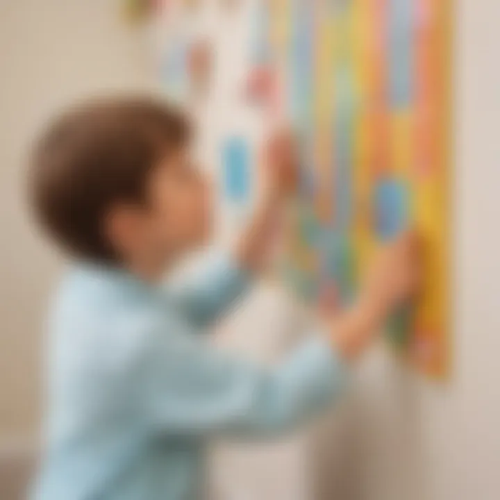 A child joyfully engaging with an alphabet chart on a wall
