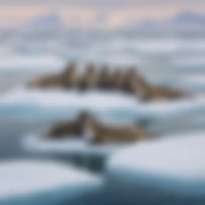 A group of seals resting on a floating ice patch.