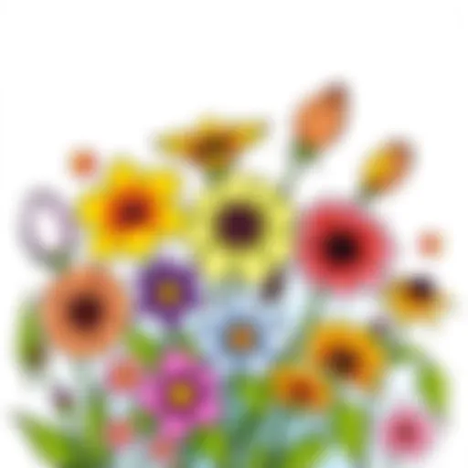 Vibrant coloring sheet featuring a variety of flowers