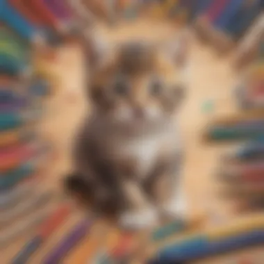 Playful Kitten with Coloring Tools A vibrant illustration of a playful kitten surrounded by a palette of coloring tools.
