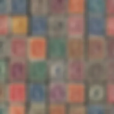 Historical postage stamps displayed in a gallery