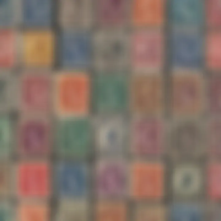 Historical postage stamps displayed in a gallery