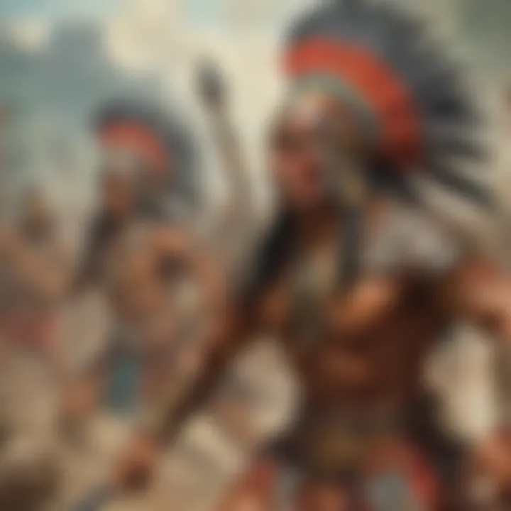 A vibrant depiction of Aztec warriors in battle