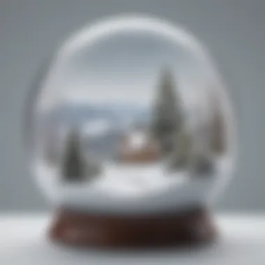 A serene landscape captured within a snow globe, embodying the blend of imagination and reflection.