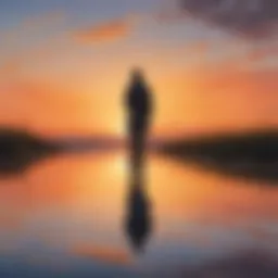 A solitary figure overlooking a sunset, symbolizing reflection and farewell