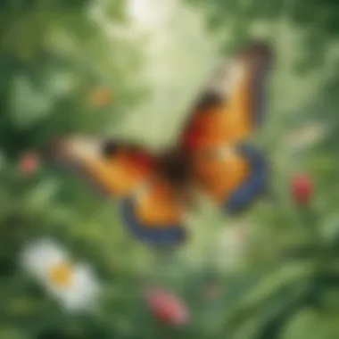 A butterfly in flight against a backdrop of a lush green garden