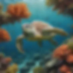 A vibrant underwater scene featuring a green sea turtle gliding gracefully through coral reefs.