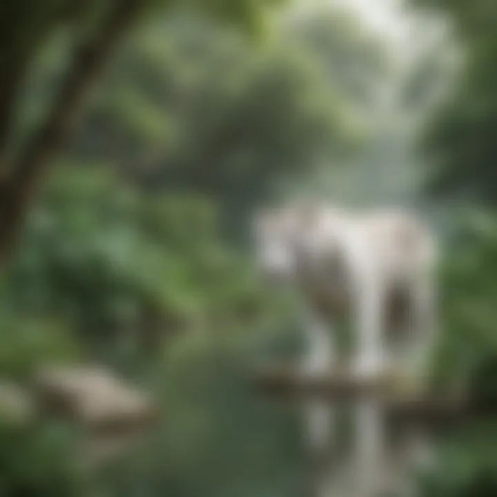 A serene landscape showing the natural environment of white tigers, with lush greenery and a water body providing a glimpse into their habitat.