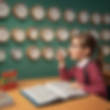 Child interacting with a numeric clock in a classroom setting