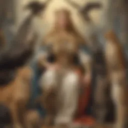 A depiction of the goddess Freyja surrounded by her attributes like cats and a falcon cloak.