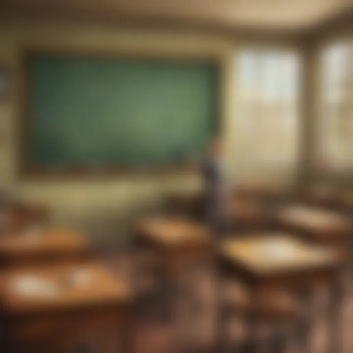 Vintage classroom setting with a chalkboard displaying 'teach' conjugations