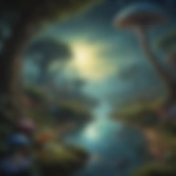 An artist's interpretation of alien life forms in a unique ecosystem.