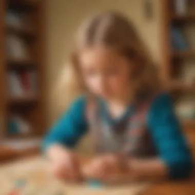 A child engaged in solving a pyramid puzzle with concentration