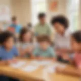 A vibrant classroom setting showcasing children engaging with special note cards.